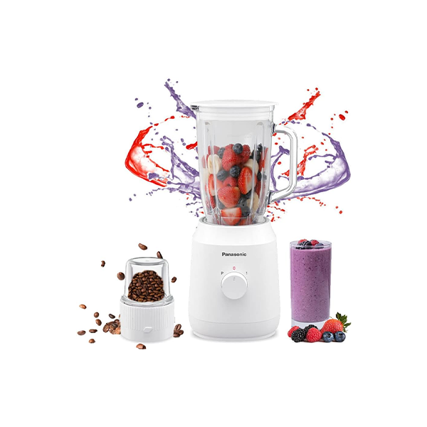 Blender image showing its wet and dry grinding options with some crushed seeds and also a fruit juice