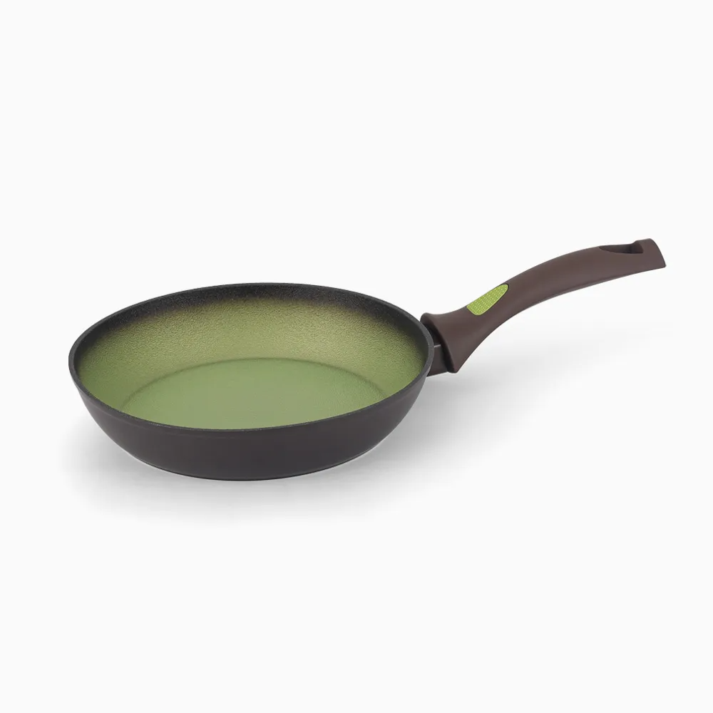 Avocado Fry Pan by Amercook. Coated with forged aluminum, Greblon C2 matt sanding color non-stick coating interior and lacquer heat resistant with backlet handle - 28CM
