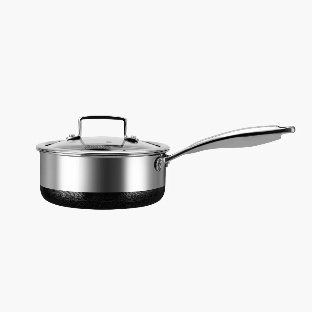 Aristo Pro Sauce Pan by Amercook. Coated with Tri-Ply stainless steel with Xylan Black non-stick coating interior and mirror polish exterior with non stick valley and scratch resistance peak and bottom fire resistance - 18CM
