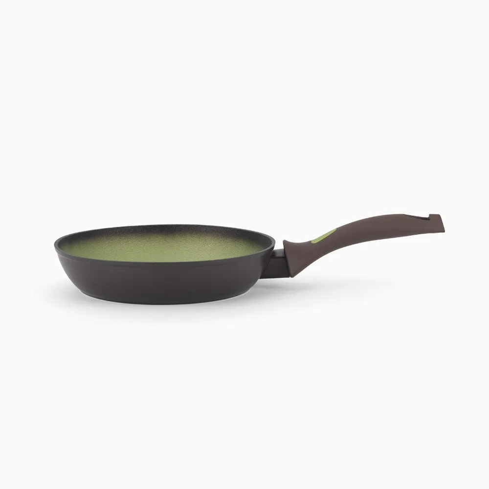 Avocado Fry Pan by Amercook. Coated with forged aluminum, Greblon C2 matt sanding color non-stick coating interior and lacquer heat resistant with backlet handle - 28CM