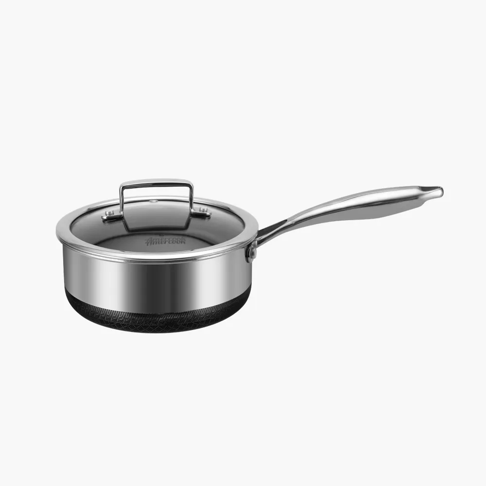 Aristo Pro Sauce Pan by Amercook. Coated with Tri-Ply stainless steel with Xylan Black non-stick coating interior and mirror polish exterior with non stick valley and scratch resistance peak and bottom fire resistance - 18CM