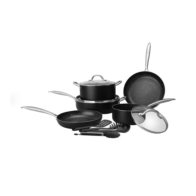 Essential Non-Stick Cookware 12Pcs by Amercook. Aluminum Coated, black non-stick coating with white dots interior and lecquer black heat resistant exterior with bottom dots induction stainless steel handle - 18/20/24/24/30CM
