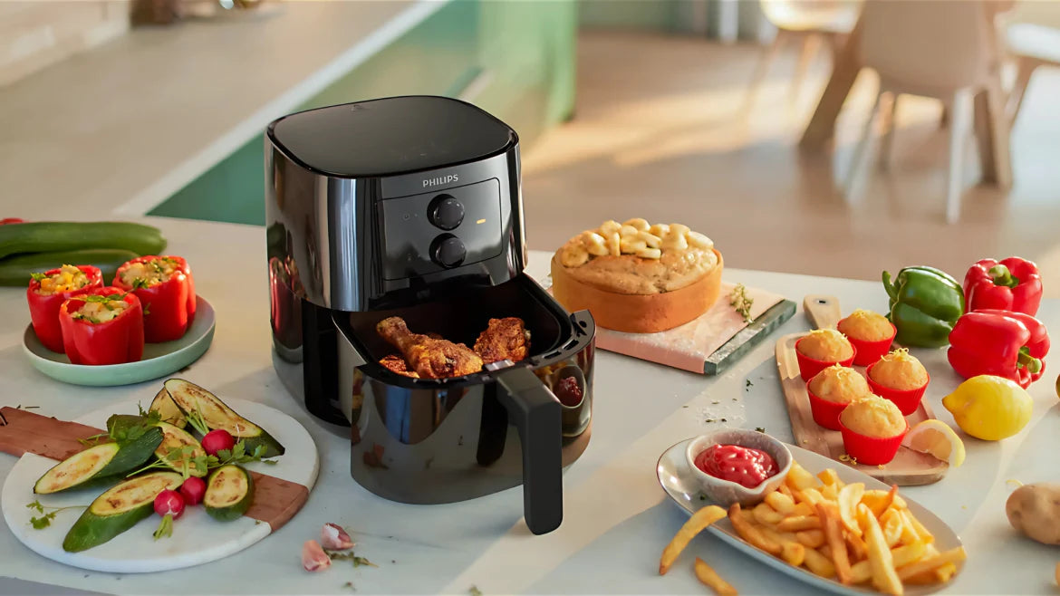 Air Fried surrounded by some foods which can made by this air fryer