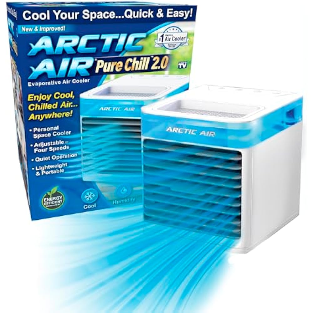 Arctic Air personal air cooler with product box in background and a zoomed-in view highlighting the device’s cooling vents