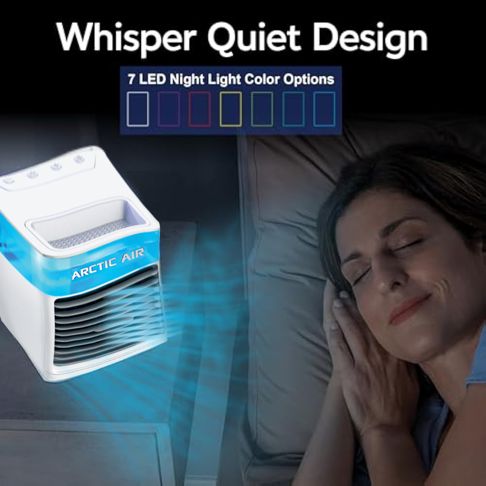 Girl sleeping peacefully near an Arctic Air personal cooler, with the device displaying its built-in LED lights in multiple colors 