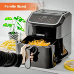 Air fryer with opned lid that shows capacity of it