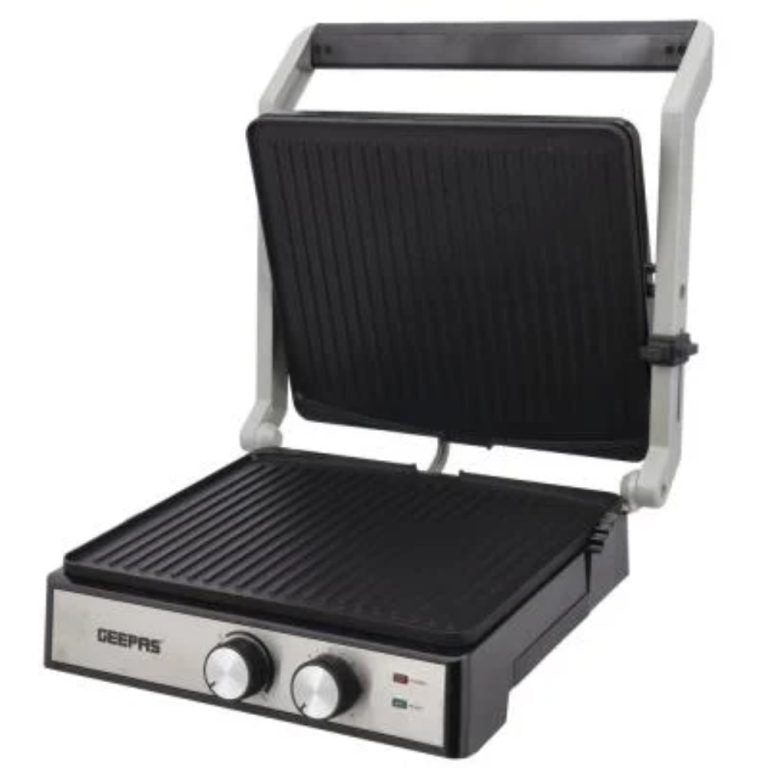 In white background the grill maker with opened its two sides 