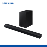 full image in white background showing sound bar and subwoofer together 