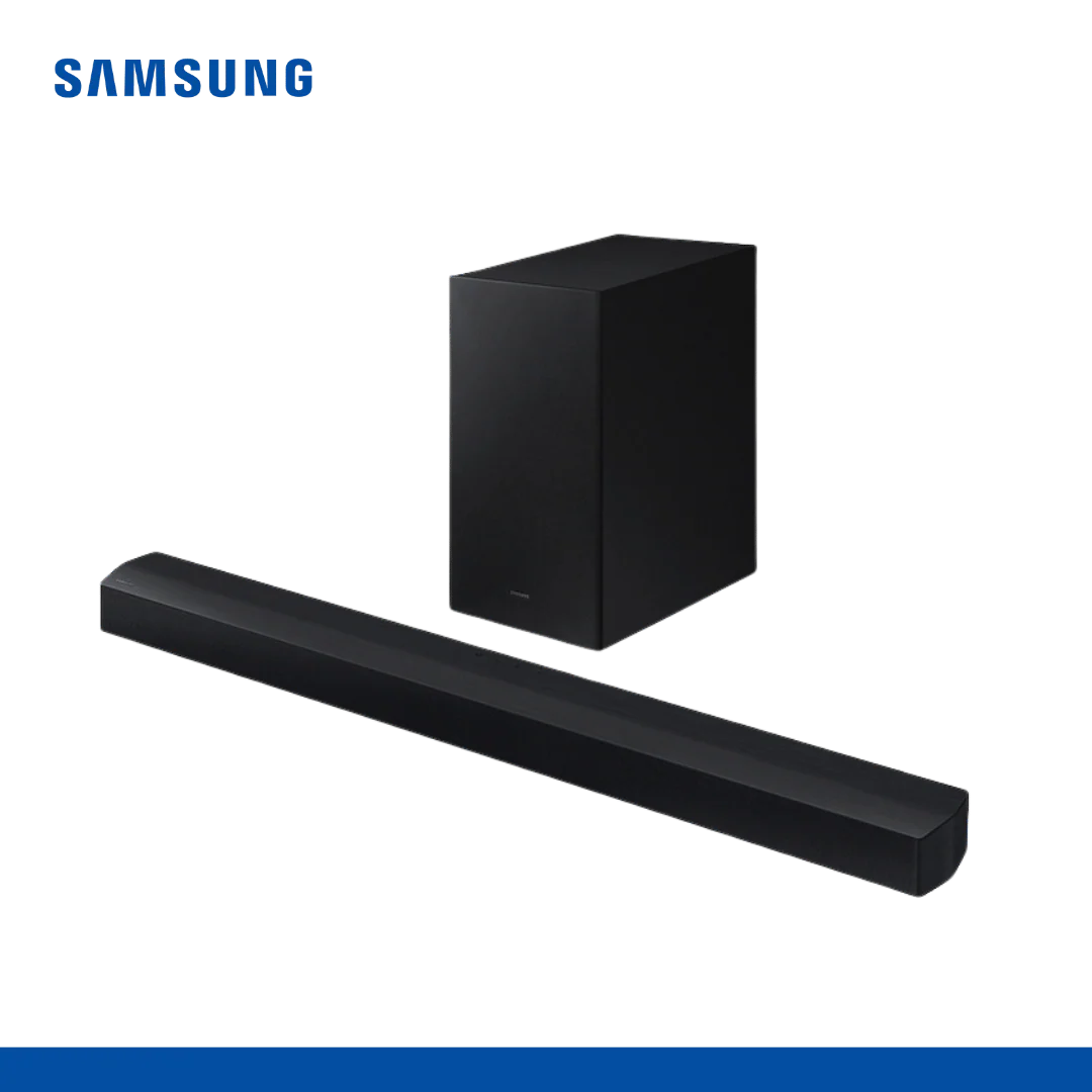 full image in white background showing sound bar and subwoofer together 