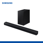 full image in white background showing sound bar and subwoofer together 