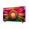 TV in White background shows its UHD and AI features on its with elegant colours